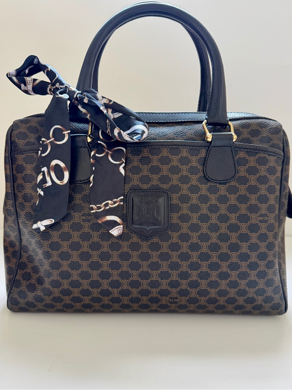Rare - Celine Macadam Monogram Black Leather Trim Vintage Satchel / Boston Bag